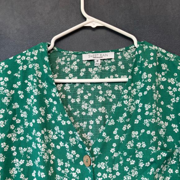 Sweet Rain Green Floral Button Blouse Romantic Peplum Waist Tie Cottagecore - Picture 8 of 12